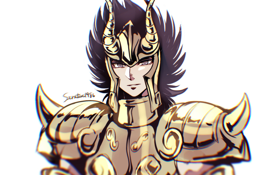 1boy armor black_hair capricorn_el_cid fake_horns gold_armor gold_cloth gold_helmet gold_saint grey_eyes helmet highres horned_helmet horns kei_(nvew8238) looking_at_viewer male_focus parted_lips portrait saint_seiya saint_seiya:_the_lost_canvas short_hair shoulder_spikes simple_background solo spiked_pauldrons spikes white_background