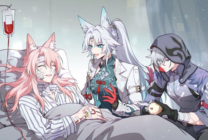 1girl 2boys :d ^_^ animal_ear_fluff animal_ear_piercing animal_ears apple aqua_eyes aqua_hair aqua_shirt artist_name bandaged_arm bandaged_head bandaged_neck bandages bandaid bandaid_on_cheek bandaid_on_face bandaid_on_hand bed black_gloves blood blood_bag blurry blurry_background breasts chinese_commentary closed_eyes closed_mouth coat collarbone collared_coat collared_shirt commentary_request cropped_jacket crossed_bangs curtains ear_piercing earrings expressionless feathers feixiao_(honkai:_star_rail) food forehead_jewel fox_ears fruit gauze gauze_on_cheek gloves gradient_hair grey_hair grey_pants hair_between_eyes high_ponytail holding holding_food holding_fruit honkai:_star_rail honkai_(series) hood hood_up hooded_jacket hospital_bed indoors intravenous_drip jacket jade_(gemstone) jewelry jiaoqiu_(honkai:_star_rail) kangetsu_(fhalei) lapels large_breasts light_particles long_hair long_sleeves looking_at_another looking_down lying moze_(honkai:_star_rail) multicolored_hair multiple_boys necklace on_back on_bed open_clothes open_coat open_mouth pants parted_bangs partially_fingerless_gloves piercing pillow pink_hair ponytail purple_eyes purple_jacket purple_shirt red_gloves scar scar_on_arm shirt short_hair sidelocks single_earring sitting sleeve_cuffs sleeveless sleeveless_shirt smile striped_clothes striped_shirt tassel tassel_earrings teeth under_covers upper_teeth_only very_long_hair white_coat white_hair white_shirt wing_collar