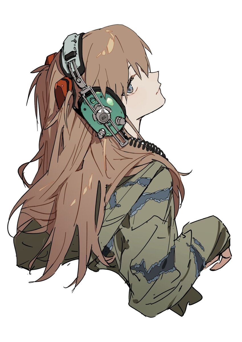 1girl :| back blue_eyes brown_hair cable closed_mouth cropped_torso from_behind green_jacket hair_ornament headphones highres jacket long_hair looking_at_viewer looking_back neon_genesis_evangelion simple_background solo souryuu_asuka_langley upper_body white_background zhibuji_loom