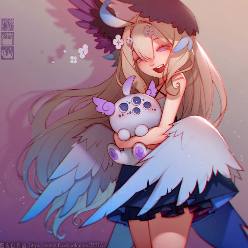 1girl :d ahoge aloupeep_(enna_alouette) alternate_hairstyle blonde_hair blue_dress blue_hair blue_wings chinese_commentary commentary_request creature dress enna_alouette extra_eyes feathered_wings flower gradient_hair gradient_wings hair_flower hair_ornament head_wings holding holding_creature long_hair looking_at_viewer low_wings multicolored_clothes multicolored_dress multicolored_hair multicolored_wings nijisanji nijisanji_en open_mouth purple_dress purple_eyes purple_wings round_teeth sleeveless smile standing teeth virtual_youtuber watermark web_address white_dress white_flower white_wings wings zhaoyebai