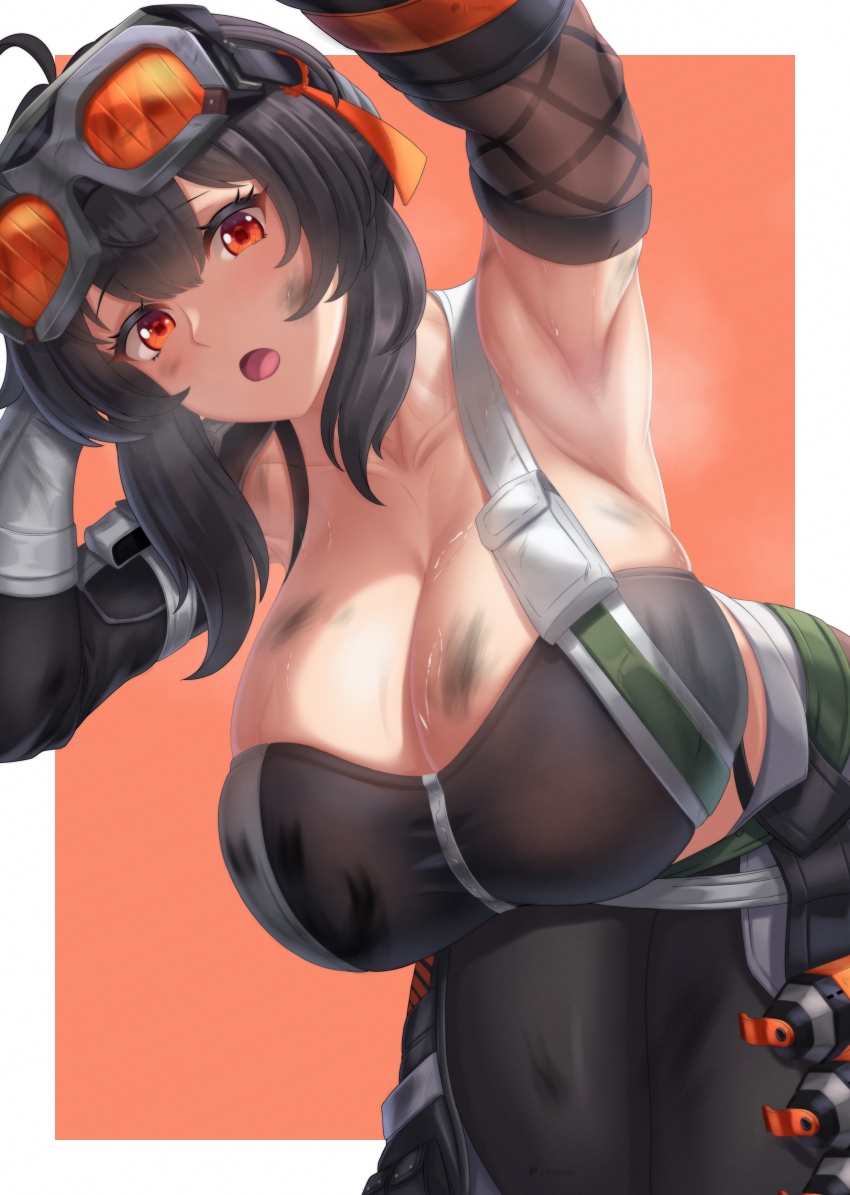 1girl absurdres ahoge arm_up armpits black_hair black_pants black_sports_bra border breasts collarbone commentary danndy detached_sleeves dirty dirty_clothes dirty_face english_commentary goggles goggles_on_head grace_howard hair_between_eyes highres huge_breasts looking_at_viewer open_mouth orange-tinted_eyewear orange_background outside_border paid_reward_available pants red_eyes solo sports_bra steaming_body tinted_eyewear white_border zenless_zone_zero