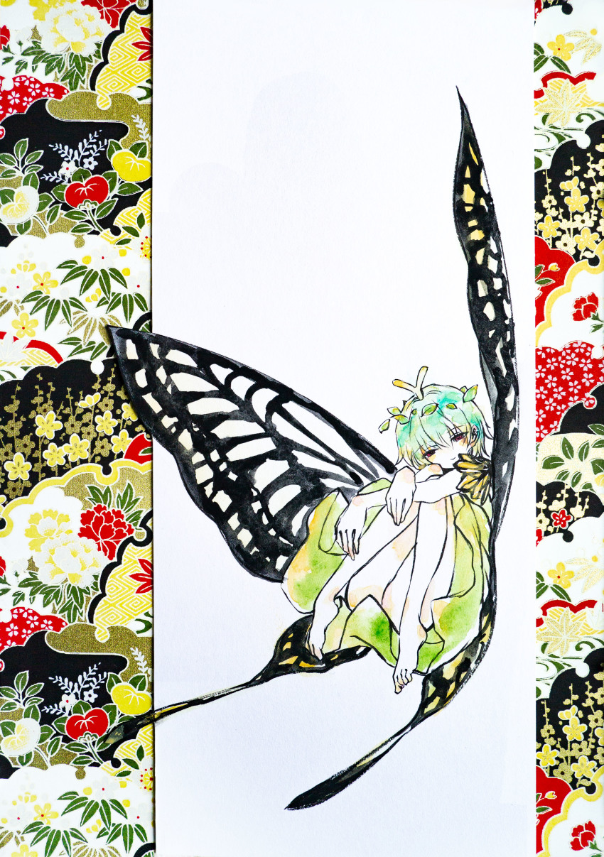 1girl absurdres antennae aqua_hair bare_legs barefoot blush brown_eyes butterfly_wings closed_mouth dress eternity_larva fairy full_body green_dress hair_between_eyes highres ikeda_ruriko insect_wings leaf leaf_on_head multicolored_clothes multicolored_dress short_hair single_strap solo touhou traditional_media wings