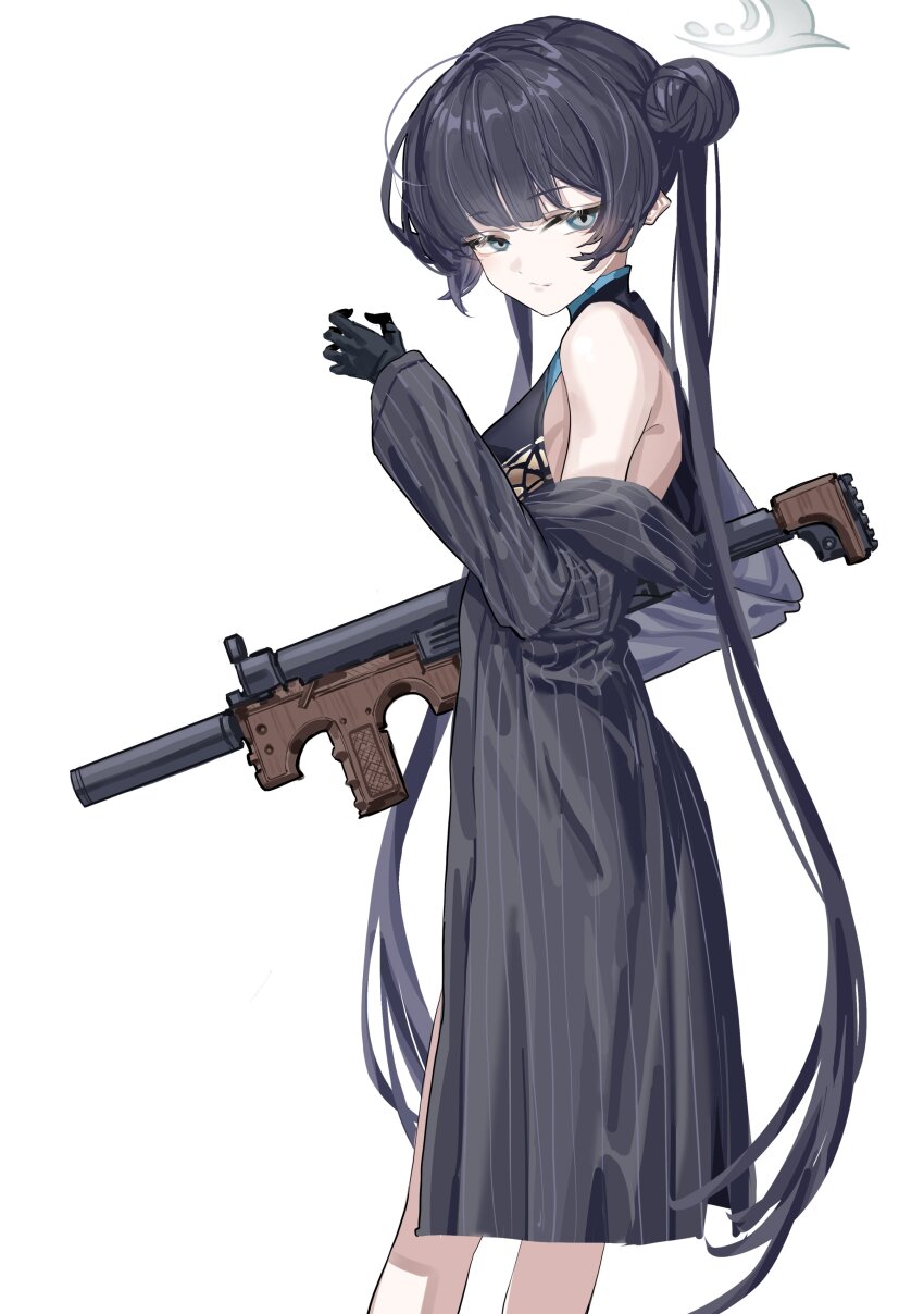 1girl absurdres black_dress black_gloves black_hair blue_archive china_dress chinese_clothes closed_mouth coat double_bun dress feet_out_of_frame gloves grey_coat grey_eyes grey_halo gun hair_bun halo highres kazukingu kisaki_(blue_archive) long_hair long_sleeves looking_at_viewer simple_background sleeveless sleeveless_dress solo twintails weapon white_background