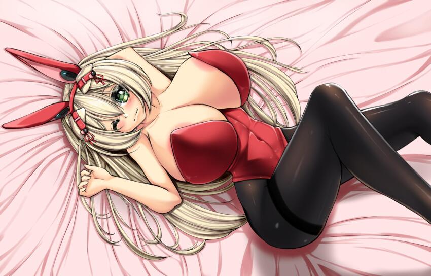 1girl animal_ear_hairband animal_ears areola_slip arm_up black_pantyhose blonde_hair blush breasts breasts_out cat_ears cat_girl covered_navel ears_down fake_animal_ears green_eyes hair_between_eyes hairband highres huge_breasts kaedeno_yuu leotard long_hair lying navel on_back on_bed original pantyhose playboy_bunny red_hairband red_leotard reimu_nekomusu_(kaedeno_yuu) smile solo thighs