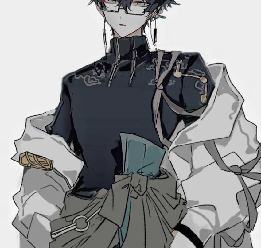 1boy aqua_eyes black_hair black_shirt clothes_around_waist dan_heng_(beta_design)_(honkai:_star_rail) dan_heng_(honkai:_star_rail) earrings forehead_out_of_frame glasses grey_ribbon highres honkai:_star_rail honkai_(series) jacket jewelry long_sleeves male_focus mulihaohao off_shoulder open_clothes open_jacket parted_lips print_shirt puffy_long_sleeves puffy_sleeves shirt short_hair simple_background solo turtleneck upper_body white_background white_jacket