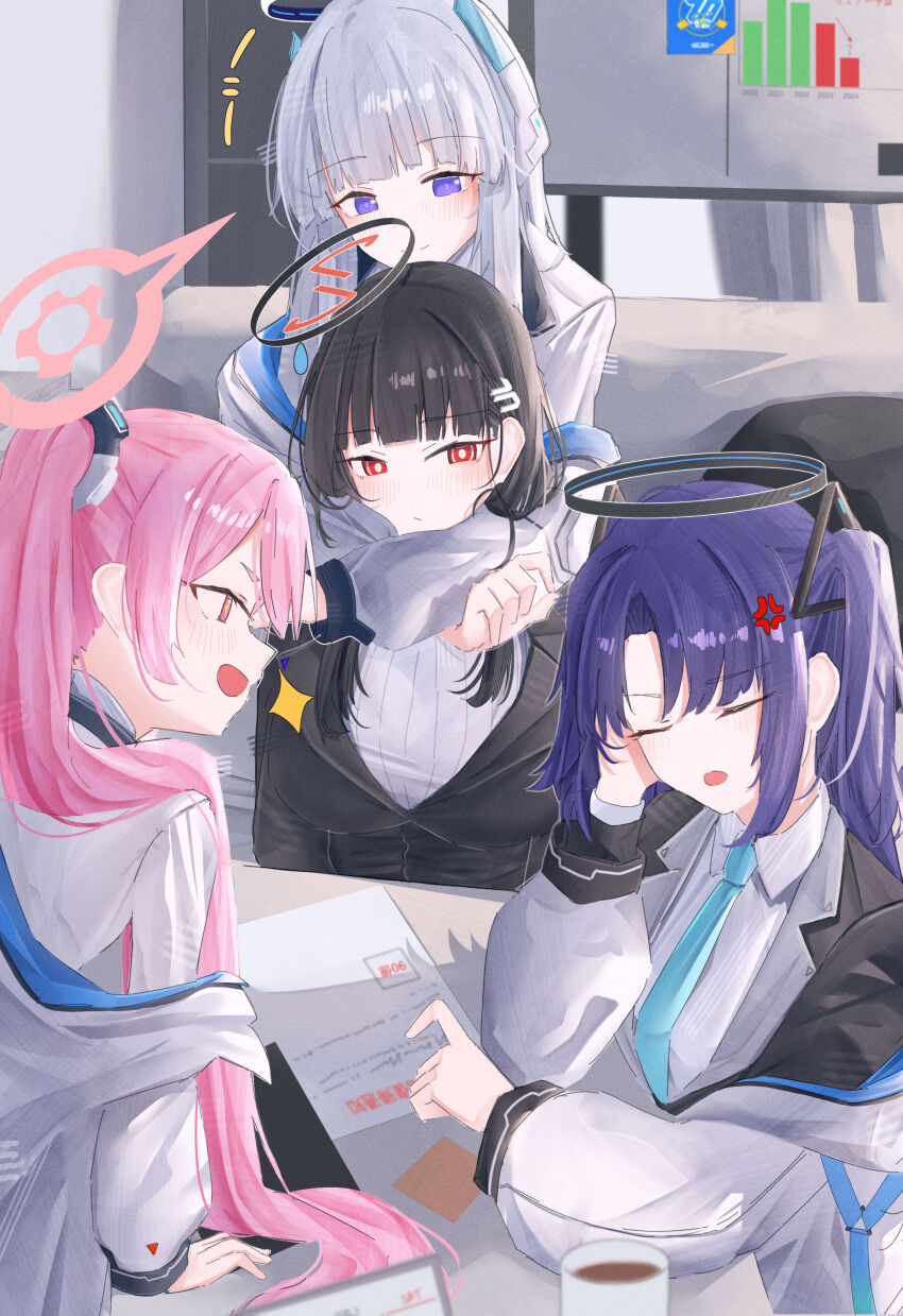 4girls :d absurdres anger_vein black_hair blazer blue_archive blush breasts cup headgear highres hug jacket koyuki_(blue_archive) leonardo_566 long_hair multiple_girls necktie noa_(blue_archive) off_shoulder open_mouth pink_hair purple_eyes red_eyes rio_(blue_archive) sitting smile sweater white_hair white_sweater yuuka_(blue_archive)