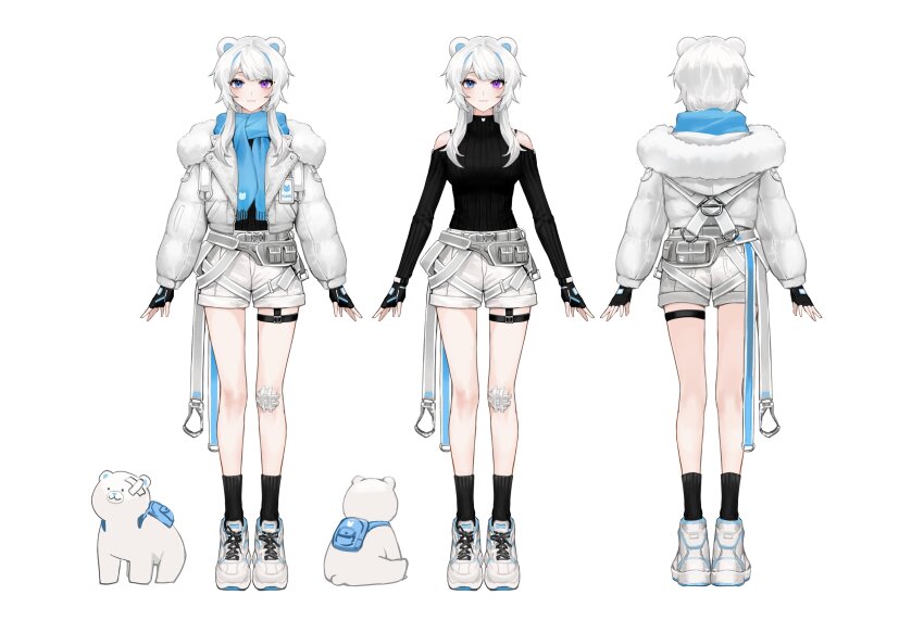 1girl :3 absurdres animal_ears bandaged_knees bear bear_ears bear_girl belt belt_pouch black_gloves black_shirt black_socks blue_eyes blue_hair blue_scarf closed_mouth clothing_cutout fingerless_gloves full_body fur-trimmed_jacket fur_trim gloves grey_belt heterochromia highres indie_virtual_youtuber jacket kuma_(vtuber) long_sleeves multicolored_hair multiple_views open_clothes open_jacket polar_bear pouch purple_eyes ribbed_shirt scarf second-party_source shirt shoes shorts shoulder_cutout sneakers socks sowb streaked_hair virtual_youtuber white_footwear white_hair white_jacket white_shorts