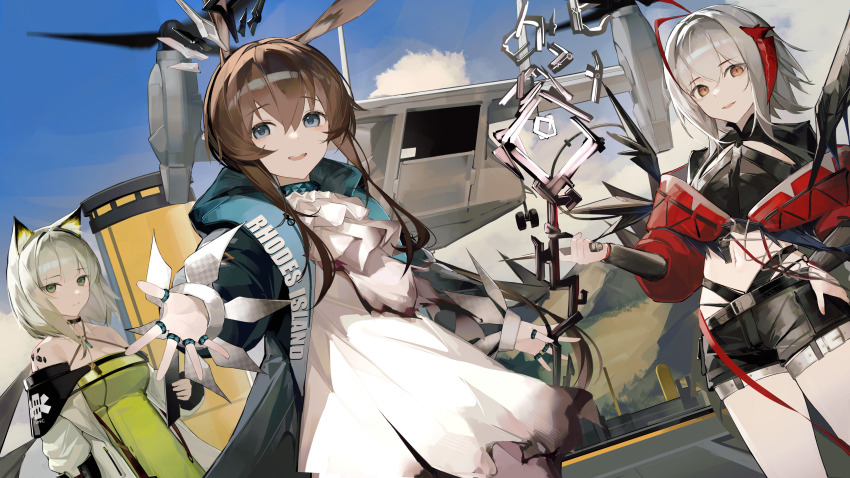 3girls absurdres amiya_(arknights) animal_ears arknights ascot black_shorts blue_eyes blue_jacket blue_sky brown_eyes brown_hair cine_(wazd0183) clothes_writing commentary dress green_dress grey_hair hand_on_own_hip highres holding holding_knife holding_staff jacket jewelry kal&#039;tsit_(arknights) knife long_hair looking_at_viewer medium_hair mountain multiple_girls multiple_rings outdoors reaching reaching_towards_viewer red_jacket ring shorts sky smile staff standing w_(arknights) white_ascot wis&#039;adel_(arknights)