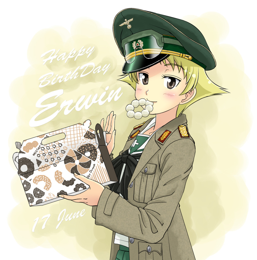 1girl birthday black_bow blonde_hair blouse bow box brown_eyes brown_jacket character_name closed_mouth commentary cursive dated doughnut erwin_(girls_und_panzer) food food_in_mouth from_side girls_und_panzer goggles goggles_on_headwear green_hat green_skirt happy_birthday hat highres holding holding_box jacket long_sleeves looking_at_viewer military_hat military_jacket mouth_hold ooarai_school_uniform open_clothes open_jacket peaked_cap pleated_skirt pointy_hair sailor_collar school_uniform serafuku shirt short_hair skirt smile solo upper_body waving white_sailor_collar youei_(maiko)