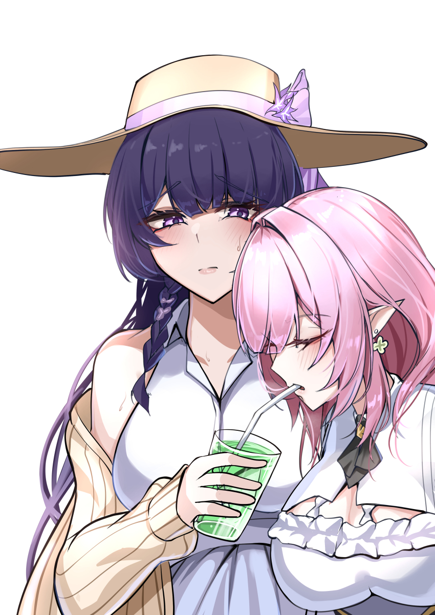 2girls absurdres alternate_costume bare_shoulders bow breasts brown_cardigan brown_hat cardigan cleavage closed_eyes closed_mouth collarbone collared_shirt commentary_request cup drinking_glass drinking_straw drinking_straw_in_mouth earrings elysia_(honkai_impact) flower frown hat hat_bow hat_flower highres holding holding_cup honkai_(series) honkai_impact_3rd jewelry kamishiro_noa large_breasts looking_at_another multiple_girls pink_hair pointy_ears purple_bow purple_eyes purple_hair raiden_mei shirt sidelocks simple_background upper_body white_background white_shirt