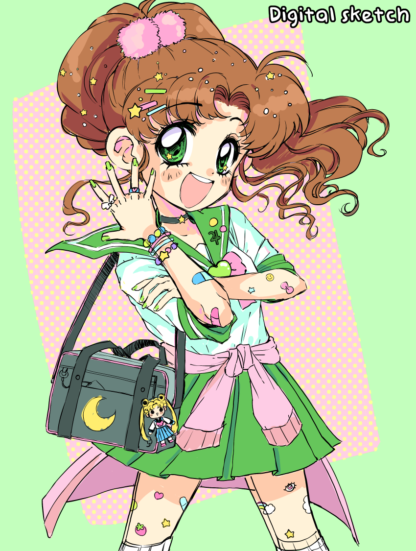 1girl absurdres bag bandaid bandaid_on_arm bishoujo_senshi_sailor_moon blonde_hair blush bracelet brown_hair cardigan cardigan_around_waist choker clothes_around_waist commentary cowboy_shot english_commentary green_background green_eyes green_nails highres jewelry kino_makoto looking_at_viewer oceaninspace open_mouth parted_bangs pink_background ponytail ring school_bag school_uniform short_sleeves smile solo tsukino_usagi twintails