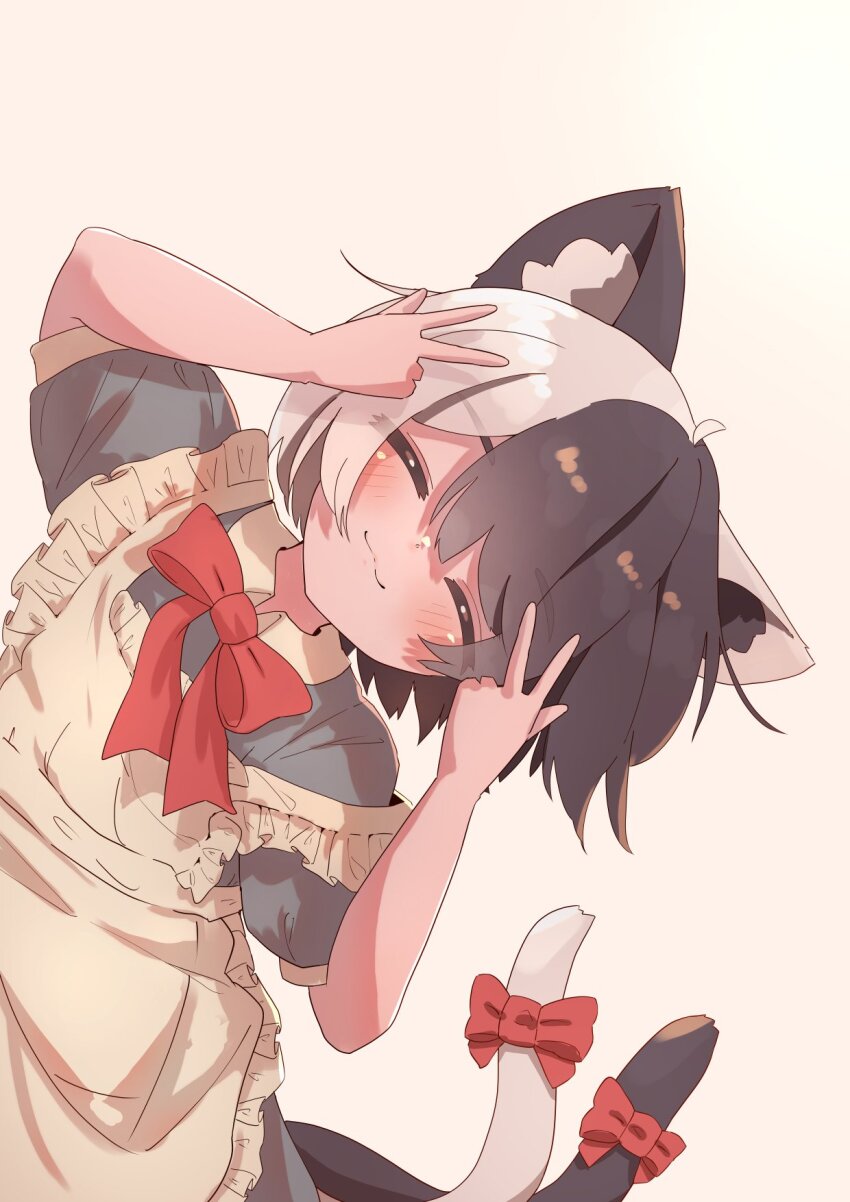 1girl :3 animal_ear_fluff animal_ears apron arms_up bow bowtie cat_ears cat_girl closed_eyes closed_mouth dress frilled_apron frills grey_dress highres kotatsune multicolored_hair multiple_tails original red_bow red_bowtie short_sleeves simple_background solo streaked_hair tail tail_bow tail_ornament two_tails v w white_apron white_background