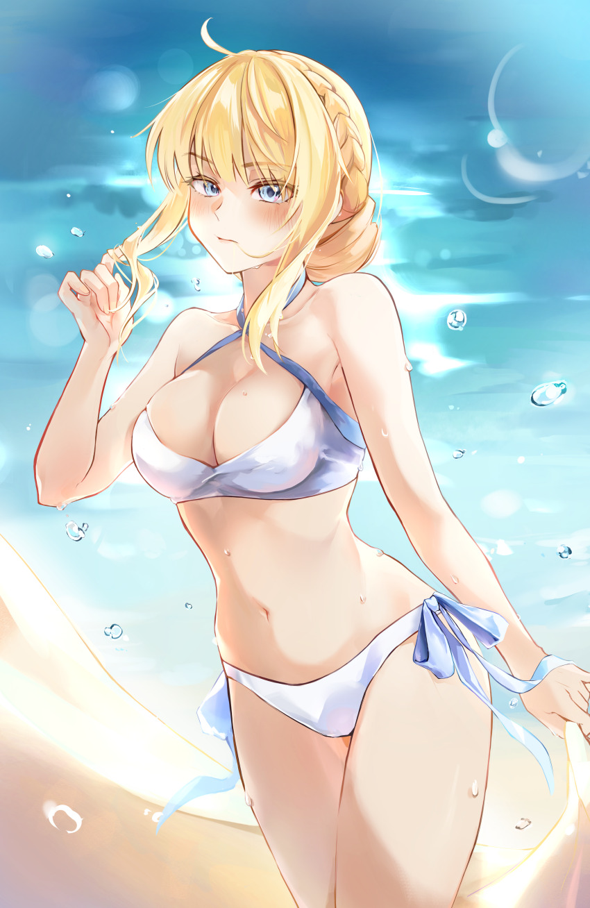 1girl absurdres ahoge artoria_pendragon_(fate) artoria_pendragon_(swimsuit_archer)_(fate) artoria_pendragon_(swimsuit_archer)_(fate)_(cosplay) beach bikini blonde_hair blue_eyes blush braid breasts cleavage closed_mouth commentary commission cosplay criss-cross_halter crown_braid elden_ring elden_ring:_shadow_of_the_erdtree english_commentary fate/grand_order fate_(series) halterneck highres large_breasts looking_at_viewer navel needle_knight_leda pixiv_commission shengyuan_03 side-tie_bikini_bottom solo standing swimsuit white_bikini