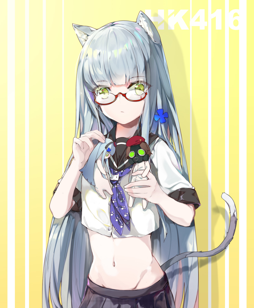 1girl animal_ears black_sailor_collar black_skirt cat_ears cat_girl cat_tail character_doll character_name closed_mouth commentary_request crop_top cross_hair_ornament girls&#039;_frontline glasses green_eyes groin hair_ornament highres hk416_(girls&#039;_frontline) long_hair longzi_(lez) looking_at_viewer midriff navel pleated_skirt red-framed_eyewear sailor_collar school_uniform semi-rimless_eyewear serafuku shirt short_sleeves silver_hair skirt solo stomach tail under-rim_eyewear upper_body very_long_hair white_shirt