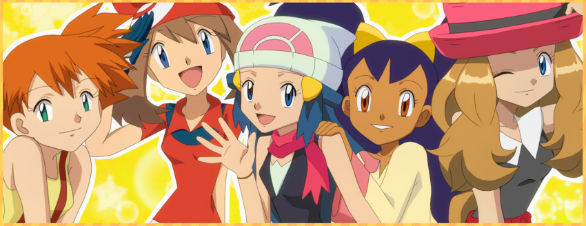 5girls black_shirt blue_eyes blue_hair brown_eyes brown_hair creatures_(company) dawn_(pokemon) game_freak green_eyes hair_ornament hairclip hands_on_another&#039;s_shoulders hat iris_(pokemon) long_hair looking_at_viewer may_(pokemon) misty_(pokemon) multiple_girls nintendo one_eye_closed open_mouth orange_hair pink_scarf pokemon pokemon_(anime) purple_hair red_shirt scarf serena_(pokemon) shirt short_hair side_ponytail sleeveless sleeveless_shirt smile suspenders white_hat wink y@mato yellow_background yellow_shirt