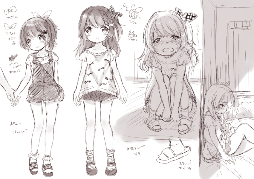 2girls blush bow child copyright_request crying hair_ornament heart holding_hands kona_(canaria) looking_at_viewer monochrome multiple_girls open_mouth shirt short_hair sitting sketch smile squatting tears