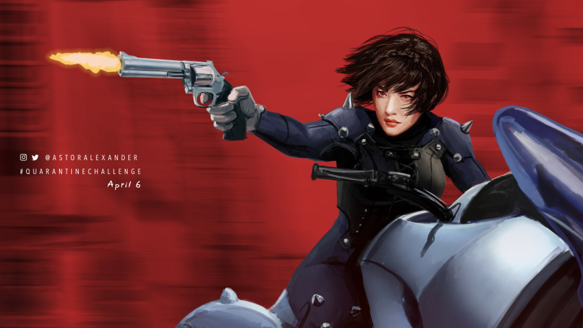 1girl absurdres astor_alexander atlus braid brown_hair crown_braid dated firing gloves gun handgun highres motor_vehicle motorcycle muzzle_flash niijima_makoto persona persona_5 red_background red_eyes red_lips revolver riding sega serious short_hair shoulder_spikes solo spikes twitter_username weapon white_gloves