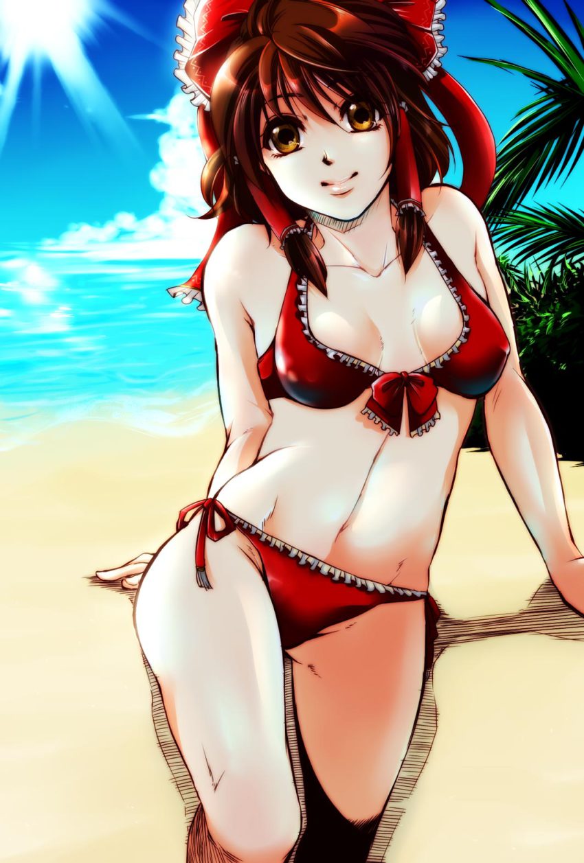 1girl arm_support bad_id bad_pixiv_id bare_legs bare_shoulders beach bikini bow breasts brown_eyes brown_hair cleavage cloud collarbone day female_focus fujii_mochi hair_bow hair_tubes hakurei_reimu highres long_hair looking_at_viewer medium_breasts mochi_yarou navel ocean outdoors red_bikini sitting smile solo sun swimsuit touhou