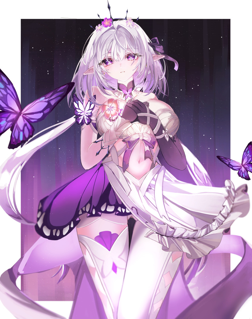 1girl absurdres bare_shoulders border breasts bug butterfly castorice_(honkai:_star_rail) clothing_cutout commentary dress flower_ornament highres honkai:_star_rail honkai_(series) insect large_breasts long_hair navel own_hands_together pantyhose pointy_ears purple_butterfly purple_eyes purple_hair purple_hands purple_sky samenami0711 sky stomach_cutout white_border white_dress white_pantyhose