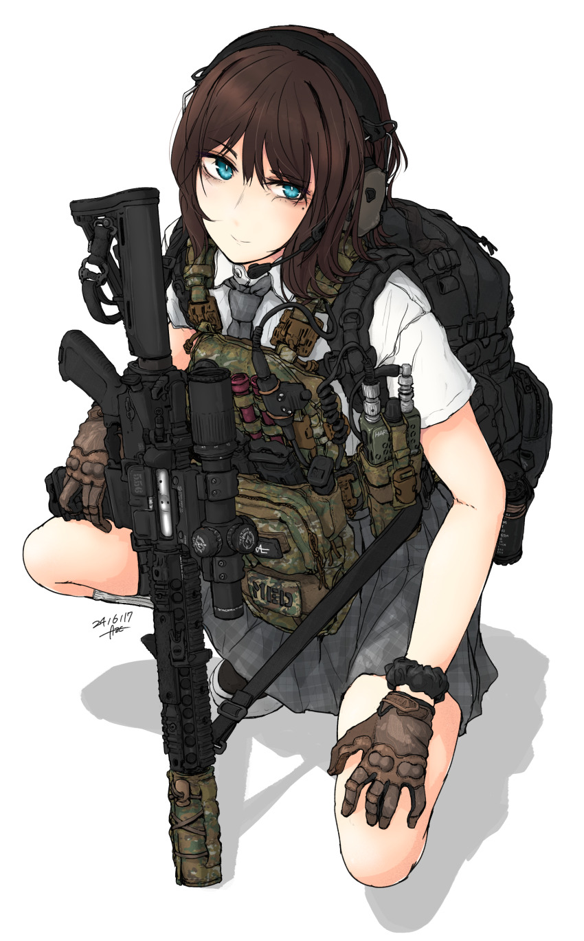 1girl absurdres arm_support assault_rifle aze_(tyranno-link) backpack bag blue_eyes brown_gloves brown_hair collared_shirt dated gloves grey_necktie grey_skirt gun h&amp;k_hk416 hand_on_own_leg highres holding holding_gun holding_weapon load_bearing_vest looking_at_viewer mole mole_under_eye necktie original plaid_clothes plaid_skirt rifle school_uniform scope shirt signature skirt solo squatting weapon white_background white_shirt