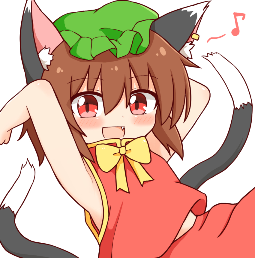 1girl :d adapted_costume animal_ear_fluff animal_ears armpits arms_up bare_arms brown_hair cat_ears cat_tail chen hair_between_eyes happy looking_at_viewer multiple_tails nekomata open_mouth red_eyes red_skirt red_vest short_hair simple_background skirt skirt_set sleeveless smile solo tail touhou two_tails upper_body vest white_background zeke4010