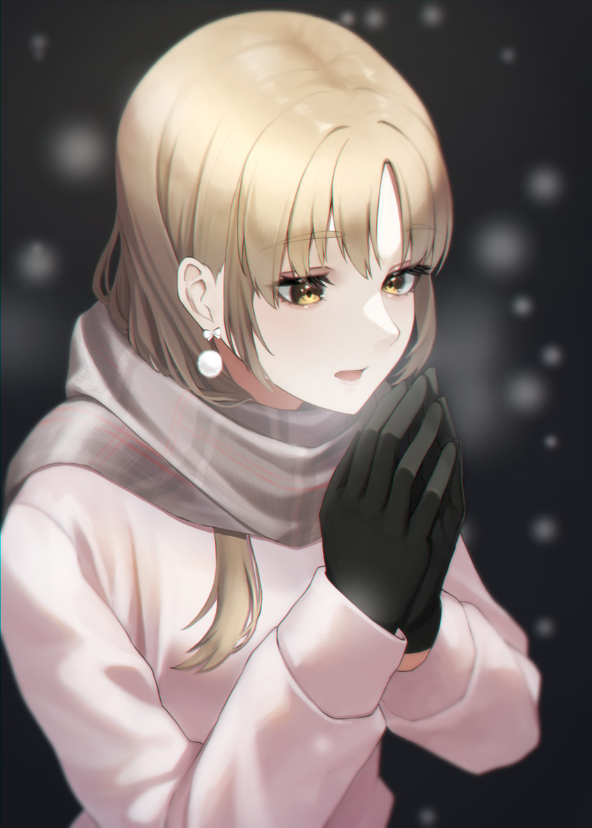 1girl absurdres black_gloves breath breathing_on_hands brown_eyes brown_hair brown_scarf coat earrings gloves highres irise jewelry long_hair long_sleeves nijisanji own_hands_together parted_bangs pom_pom_(clothes) pom_pom_earrings scarf sister_claire sister_claire_(4th_costume) solo virtual_youtuber warming_hands white_coat winter_clothes