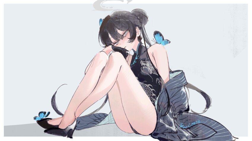 1girl bare_shoulders black_hair blue_archive blue_butterfly braid braided_bun bug butterfly butterfly_hair_ornament china_dress chinese_clothes coat crossed_legs double_bun dragon_print dress gloves grey_coat grey_eyes grey_halo hair_bun hair_ornament halo high_heels highres insect jacket kisaki_(blue_archive) kurikabacha legs looking_at_viewer pinstripe_jacket pinstripe_pattern print_dress simple_background sitting solo striped_clothes striped_jacket thighhighs vertical-striped_clothes vertical-striped_jacket