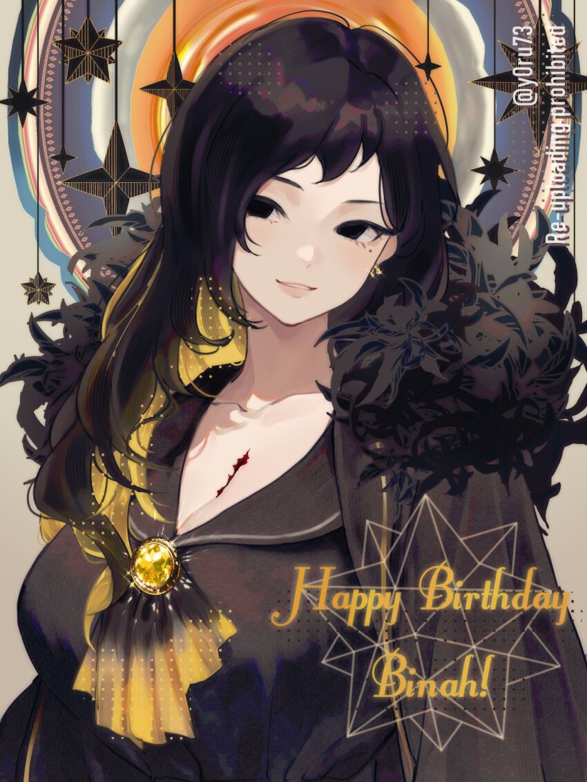 1girl ascot binah_(project_moon) black_cape black_dress black_eyes black_hair black_sailor_collar blonde_hair breasts brooch cape cleavage colored_inner_hair dress feather_collar happy_birthday highres huge_breasts jewelry library_of_ruina long_hair looking_at_viewer multicolored_hair parted_lips project_moon sailor_collar scar scar_on_chest solo y0ru73 yellow_ascot yellow_gemstone