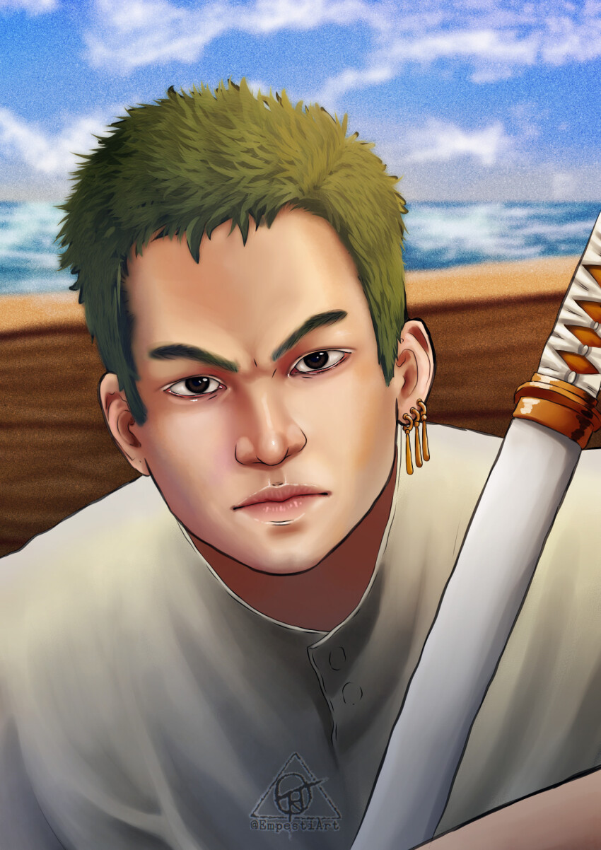 1boy artist_name black_eyes closed_mouth cloud cloudy_sky commentary earrings empestiart english_commentary green_hair highres jewelry katana looking_at_viewer male_focus one_piece one_piece_(live_action) outdoors roronoa_zoro shirt short_hair signature single_earring sky solo sword weapon white_shirt