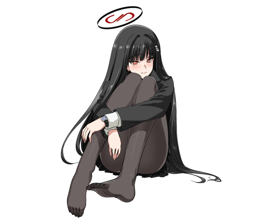 1girl black_hair black_pantyhose black_suit blue_archive blunt_bangs formal_clothes halo henshako long_hair looking_at_viewer pantyhose red_eyes rio_(blue_archive) simple_background sitting solo suit white_background