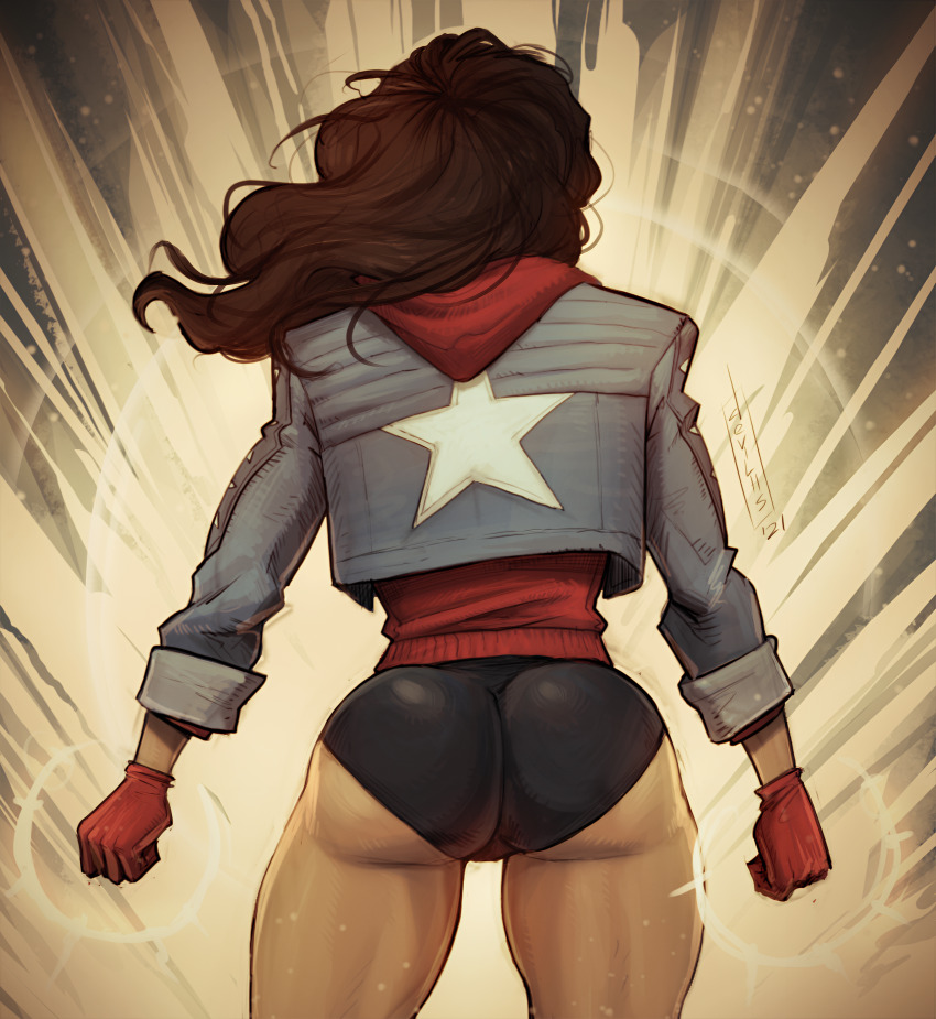 1girl 2021 absurdres america_chavez ass back bad_tag black_shorts blue_jacket brown_hair clenched_hand dark-skinned_female dark_skin dat_butt devil_hs devilhs female female_focus fingerless_gloves from_behind gloves highres huge_ass jacket latina light long_hair long_sleeves marvel red_fingerless_gloves red_gloves shorts solo solo_focus star_(symbol) star_print thick_thighs thighs tight_clothes tight_shorts wide_hips