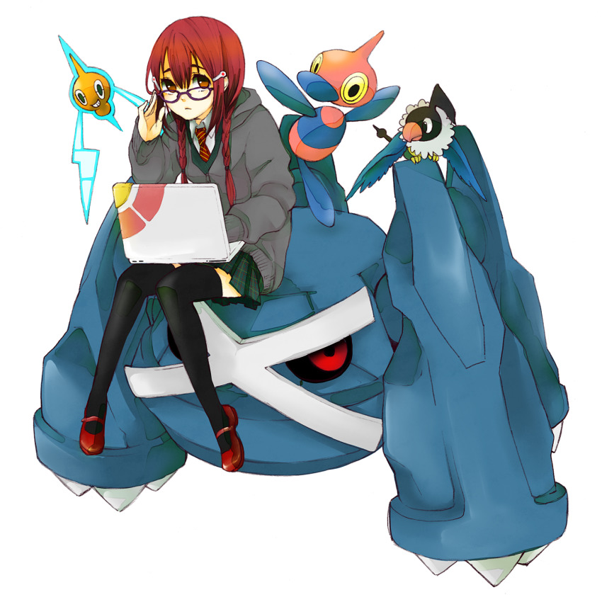 1girl adjusting_eyewear bad_id bad_pixiv_id black_thighhighs blue_beak brown_eyes brown_hair chatot computer creatures_(company) game_freak gen_3_pokemon gen_4_pokemon glasses highres laptop legs metagross nintendo original pixiv_trainer pokemon pokemon_(creature) porygon-z red_eyes red_hair rotom rotom_(normal) school_uniform serafuku smile thighhighs todoroki_sora yellow_eyes zettai_ryouiki