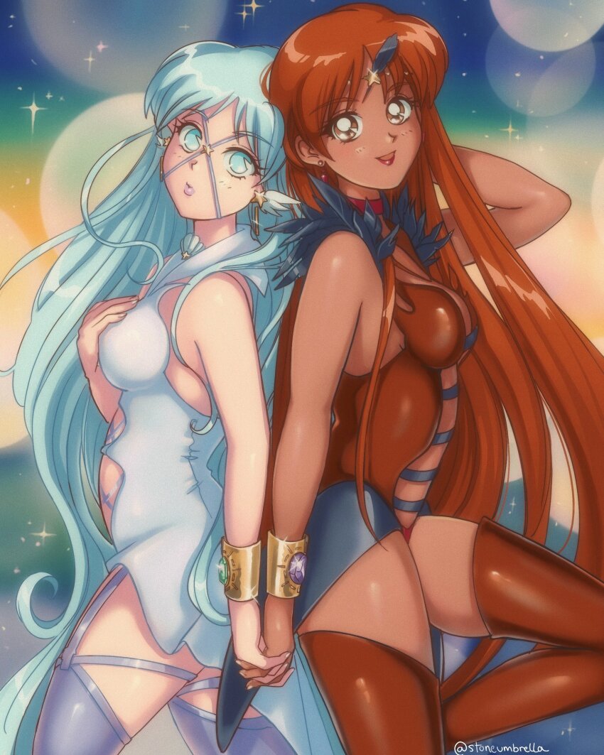 2girls artist_name bishoujo_senshi_sailor_moon blue_eyes blue_hair breasts brown_eyes brown_hair dark-skinned_female dark_skin highres holding_hands interlocked_fingers interracial leotard lips long_hair looking_at_viewer medium_breasts multiple_girls sailor_aluminum_seiren sailor_lead_crow sailor_moon smile stoneumbrella very_long_hair yuri