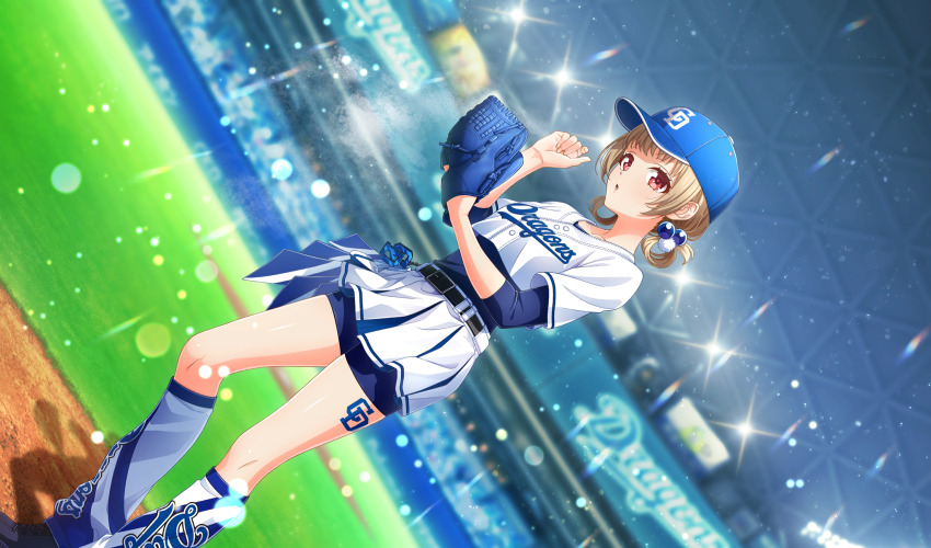 1girl baseball_cap baseball_glove baseball_stadium baseball_uniform belt belt_buckle bike_shorts_under_skirt black_belt black_footwear blue_shorts blue_undershirt blurry buckle chunichi_dragons cinderella_series depth_of_field dutch_angle film_grain game_cg glint hachigatsu_no_cinderella_nine hair_bobbles hair_ornament hair_rings hat highres indoors lens_flare light_brown_hair light_particles light_rays nagoya_dome naoe_tayu nippon_professional_baseball non-web_source official_alternate_hairstyle official_art parted_lips pleated_skirt red_eyes shirt shirt_under_shirt short_sleeves shorts skirt socks sportswear standing white_shirt white_skirt