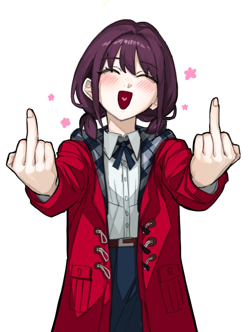 1girl :d ^_^ blush closed_eyes coat commentary double_middle_finger girls_band_cry gwongiyeon67479 hashtag-only_commentary highres iseri_nina medium_hair middle_finger open_mouth purple_hair school_uniform simple_background smile solo white_background winter_clothes winter_coat