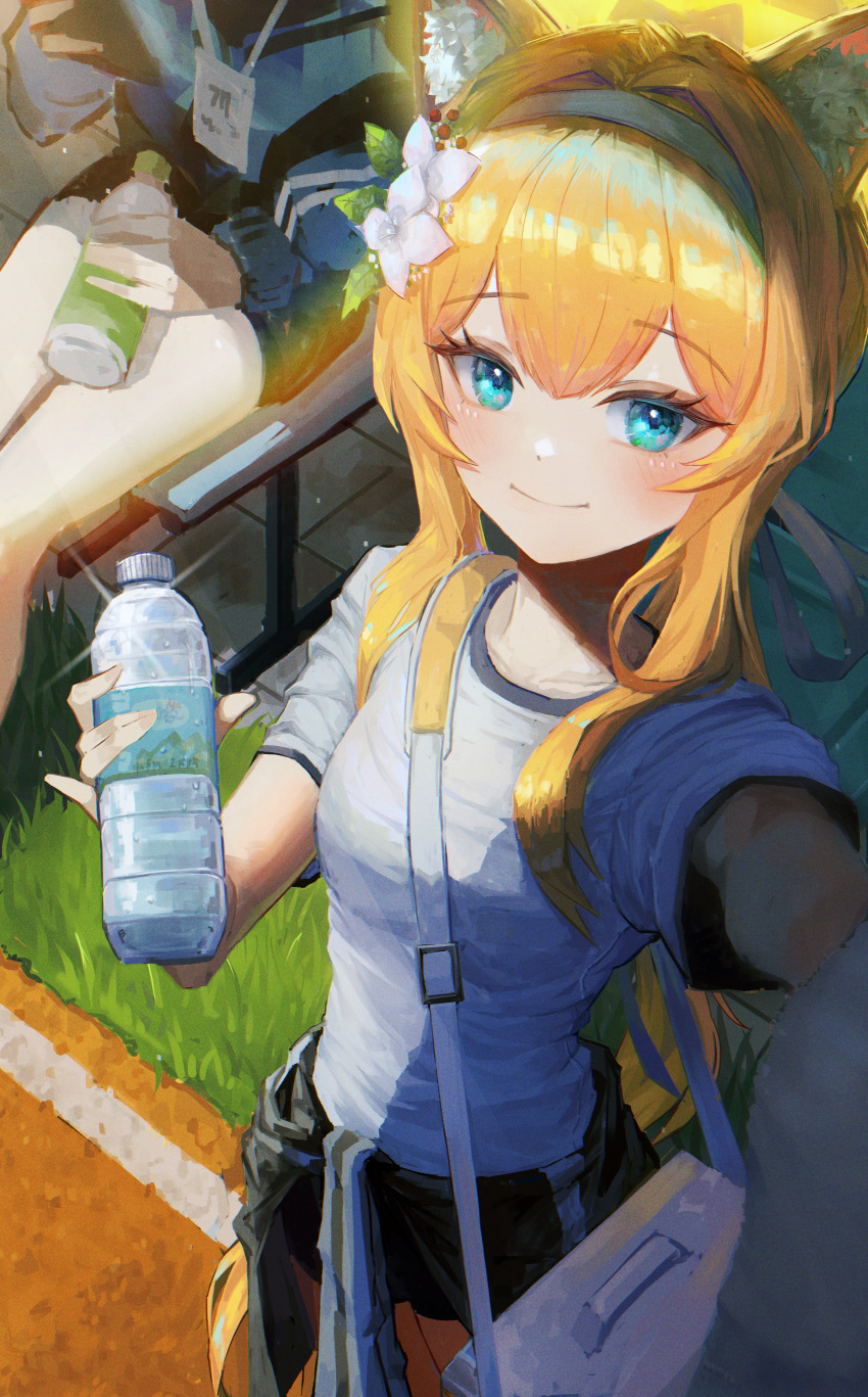 2girls absurdres animal_ears blonde_hair blue_archive blue_eyes blush bottle breasts collarbone energy_drink flower hair_flower hair_intakes hair_ornament highres jicha lanyard mari_(blue_archive) mari_(track)_(blue_archive) medium_hair multiple_girls small_breasts smile sportswear water_bottle