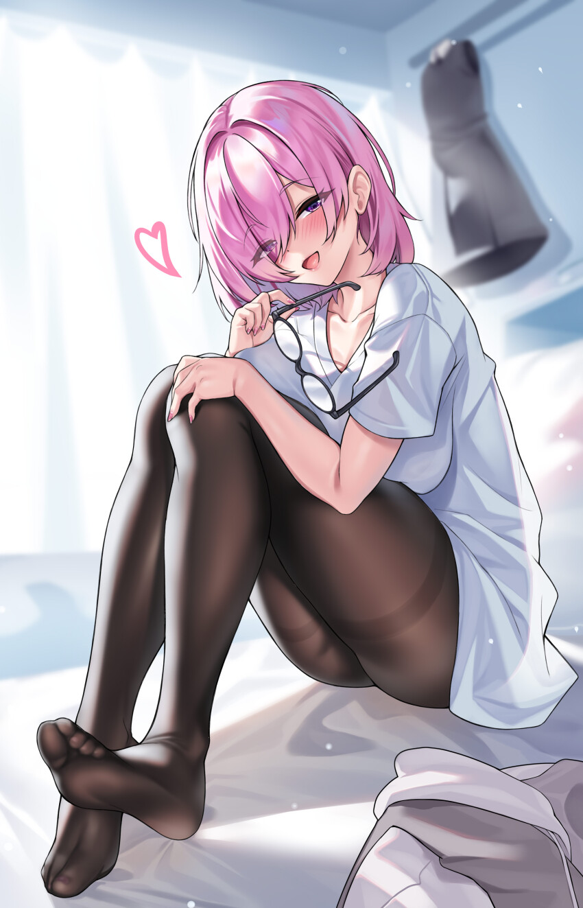 absurdres black_pantyhose blush breasts fate/grand_order fate_(series) hand_on_own_knee heart highres holding holding_removed_eyewear large_breasts mash_kyrielight medium_hair no_shoes original pantyhose purple_eyes purple_hair soles thighs tufang unworn_eyewear