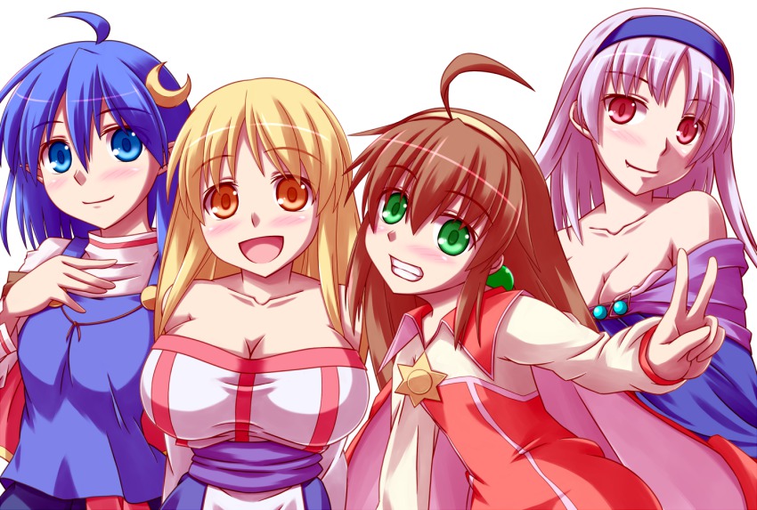 4girls :d ahoge albino arc_the_lad arc_the_lad_ii bare_shoulders blonde_hair blue_eyes blue_hair breasts brown_hair cape cleavage collarbone crescent crescent_hair_ornament crossover gensou_suikoden gensou_suikoden_ii green_eyes grey_hair grin hair_ornament hairband jacket kirisaku_shampoo_hat large_breasts lieza_(arc_the_lad) lilka_eleniak long_hair multiple_crossover multiple_girls open_mouth orange_eyes red_eyes rena_lanford short_hair sierra_mikain smile star_ocean star_ocean_the_second_story trait_connection v white_background wild_arms wild_arms_2 yellow_hairband