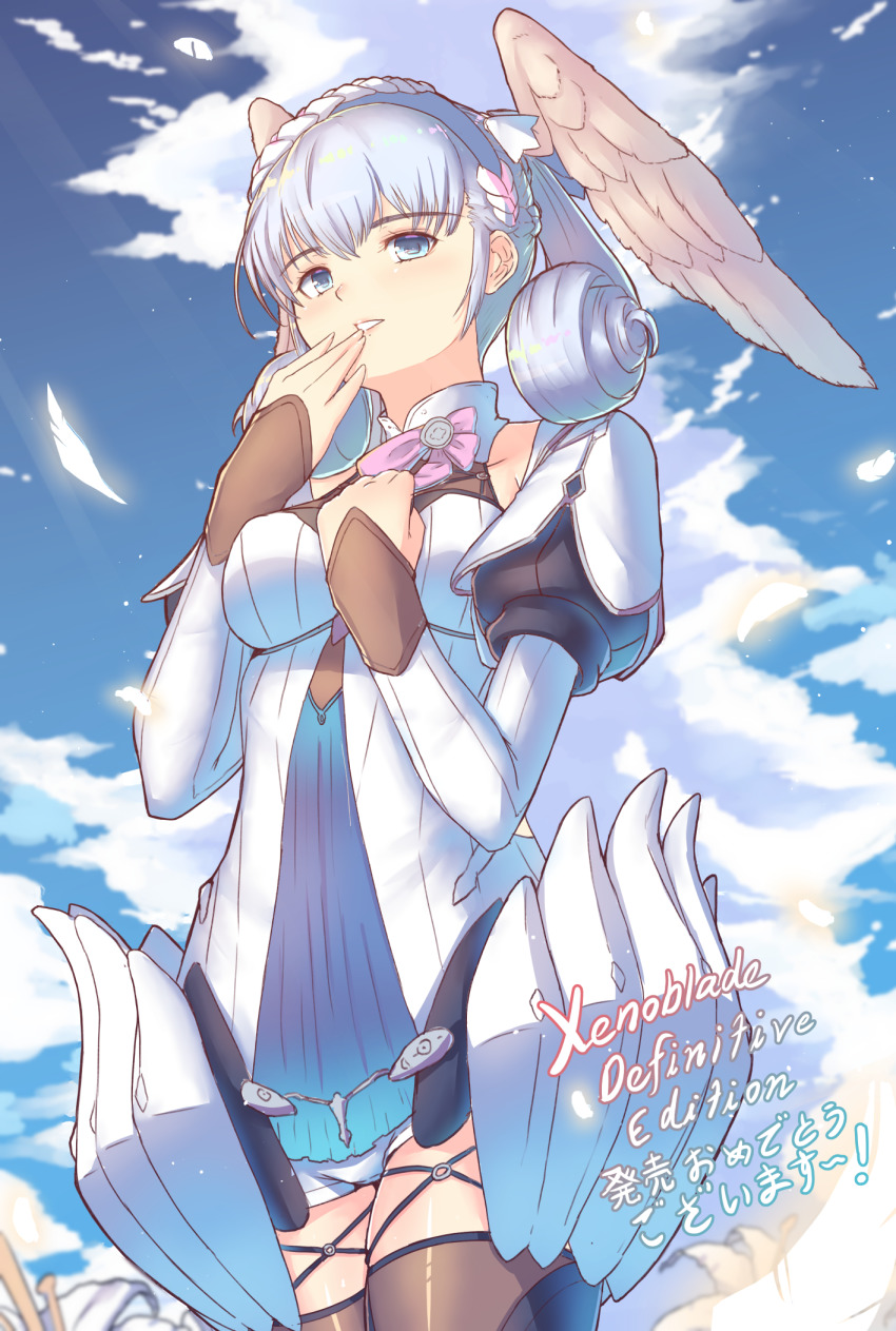 1girl braid breasts cat_with_a_brush cloud cloudy_sky cowboy_shot crown_braid day from_below hand_on_own_chest head_wings highres juliet_sleeves long_sleeves medium_breasts melia_antiqua o-ring outdoors puffy_sleeves short_shorts shorts silver_hair sky solo thighhighs wings xenoblade_chronicles:_future_connected xenoblade_chronicles_(series) xenoblade_chronicles_1