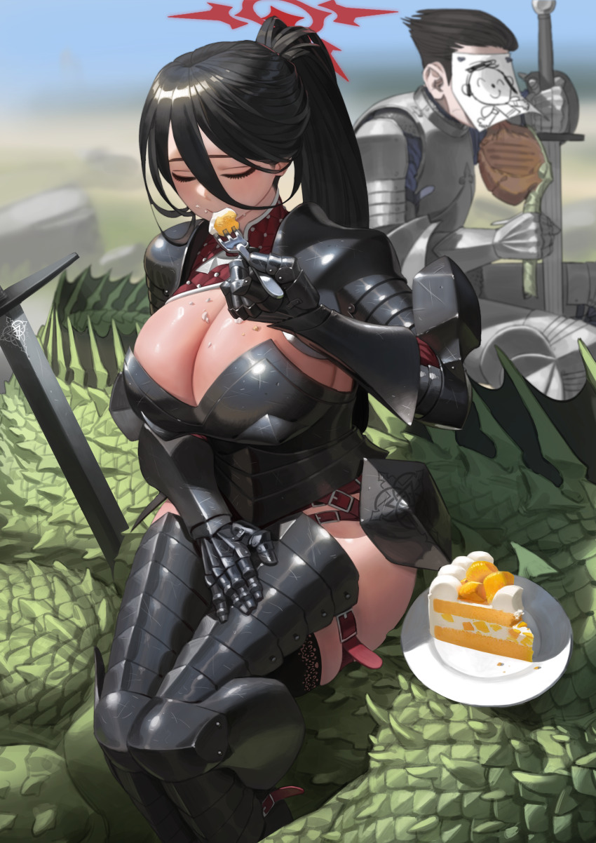 1boy 1girl absurdres alternate_universe armor armored_boots black_hair blue_archive blurry blurry_background boots breastplate breasts cake cake_slice closed_mouth commentary cuirass day doodle_sensei_(blue_archive) dragon eating english_commentary fantasy feet_out_of_frame food food_on_body food_on_breasts fork gauntlets halo hasumi_(blue_archive) highres holding holding_fork holding_sword holding_weapon hyeonjong8 knight large_breasts long_hair outdoors paper_on_head plate poleyn ponytail red_halo rerebrace sensei_(blue_archive) short_hair shoulder_armor sitting sword very_long_hair weapon