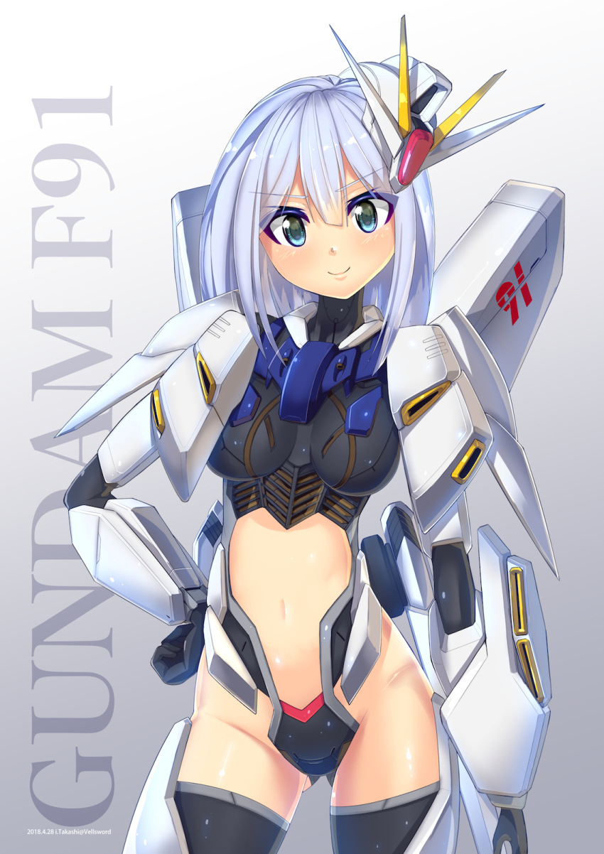 1girl blue_eyes blue_hair breasts character_name clothing_cutout f91_gundam gundam gundam_f91 hand_on_own_hip highres i.takashi mecha_musume medium_breasts midriff navel personification solo stomach_cutout v-fin v-shaped_eyebrows