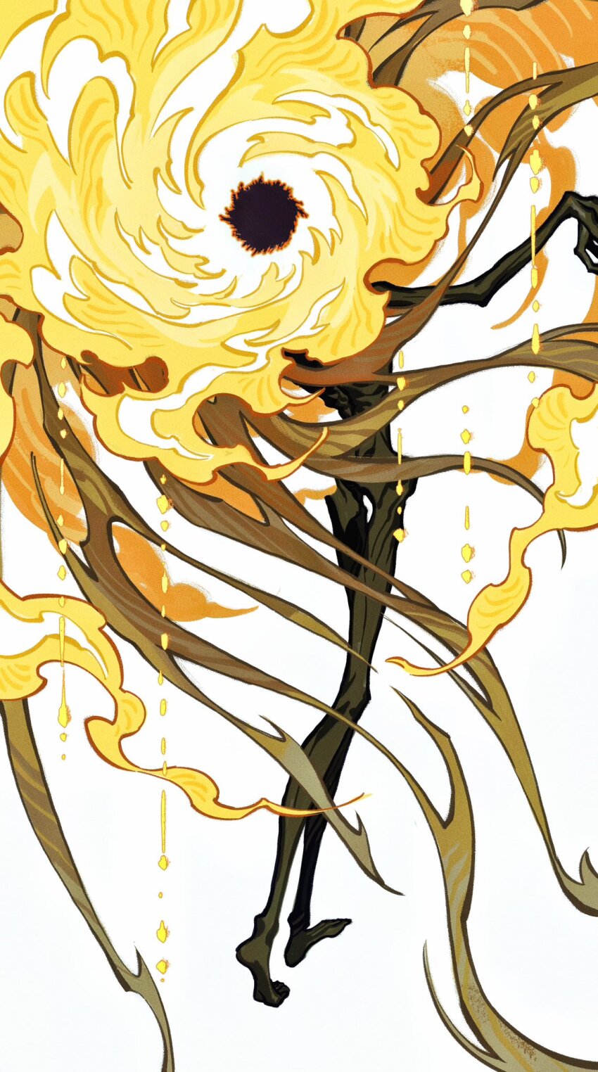 1boy arms_up black_skin brown_cape cape colored_skin elden_ring elden_ring:_shadow_of_the_erdtree emaciated fire flaming_head full_body highres la_bo_chu_shi midra_lord_of_frenzied_flame simple_background solo white_background