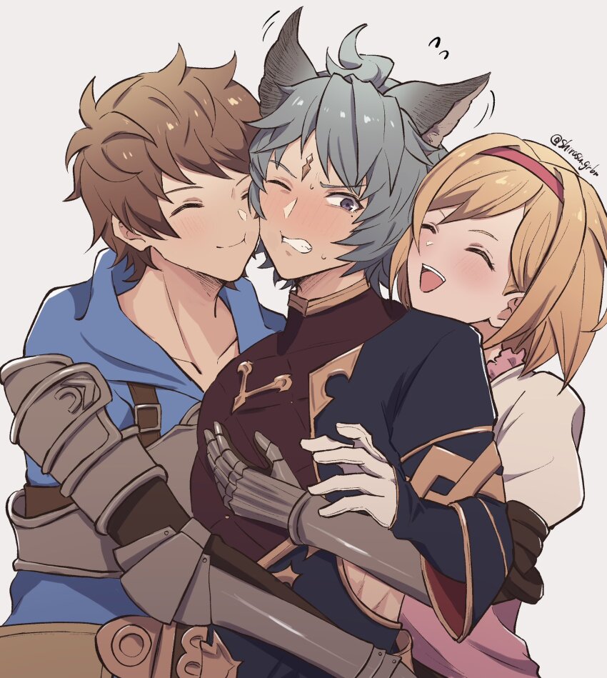 1girl 2boys armor blonde_hair blue_hoodie blush breastplate breasts brown_hair closed_eyes compression_shirt cuddling djeeta_(granblue_fantasy) dress erune gauntlets gran_(granblue_fantasy) granblue_fantasy grey_hair hairband highres hood hoodie hug hug_from_behind medium_breasts mole mole_under_eye multiple_boys one_eye_closed open_mouth pink_dress pink_hairband pppppknw seox_(granblue_fantasy) short_hair