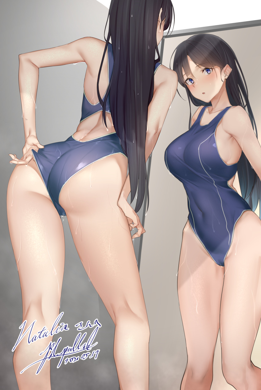 1girl absurdres adjusting_clothes adjusting_swimsuit ass back back_cutout bare_arms bare_legs bare_shoulders black_hair blue_one-piece_swimsuit blush breasts character_name clothes_pull clothing_cutout commentary commission commissioner_name competition_swimsuit covered_navel english_commentary from_behind full-length_mirror groin highleg highleg_one-piece_swimsuit highres kneepits large_breasts leaning_forward legs long_hair looking_at_mirror looking_at_viewer mirror multiple_views natalia_dominique one-piece_swimsuit one-piece_swimsuit_pull original pallad pulling_own_clothes purple_eyes reflection second-party_source skeb_commission standing steam swimsuit thighs water wet