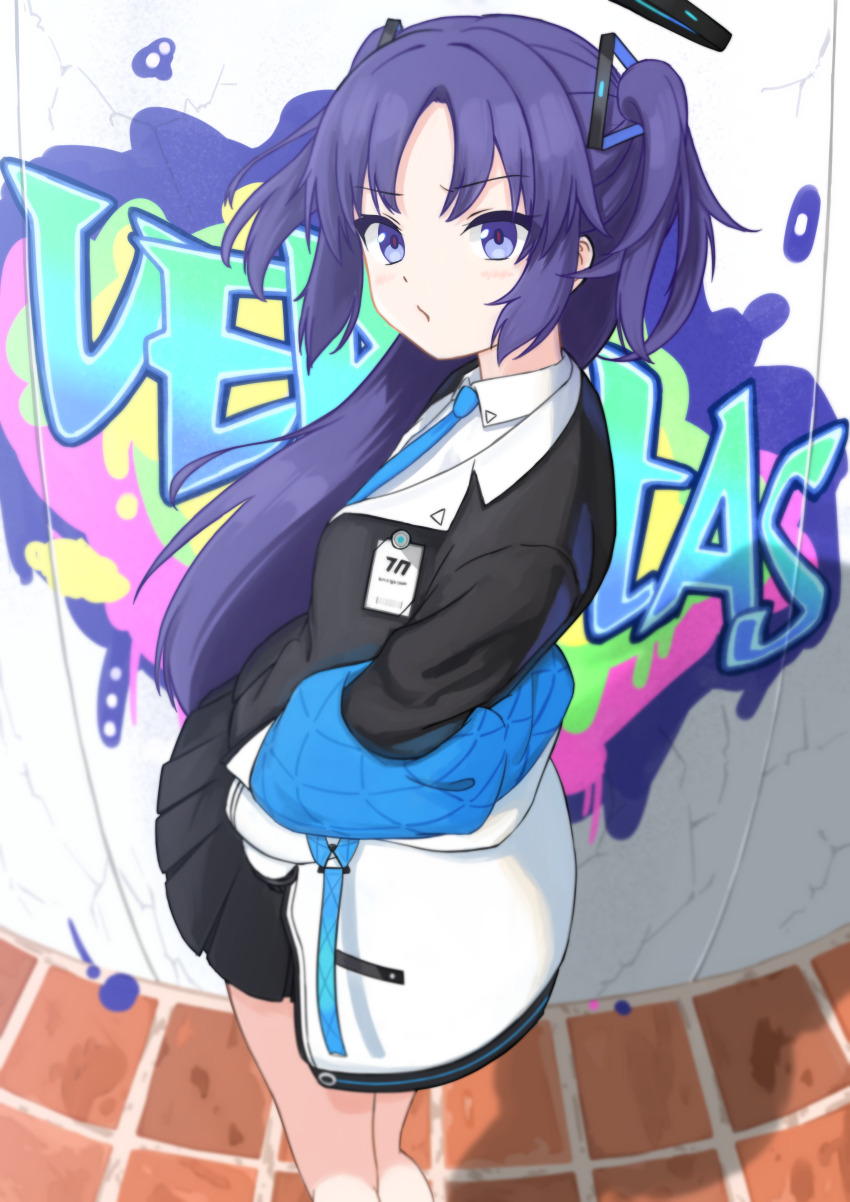 1girl absurdres afro_(afrodite_ja) black_skirt blue_archive blue_eyes blue_necktie breasts commentary_request fisheye from_side frown graffiti halo hands_in_pockets highres id_card jacket lanyard long_hair long_sleeves looking_at_viewer mechanical_halo medium_breasts necktie purple_eyes purple_hair skirt solo spray_paint two_side_up white_jacket yuuka_(blue_archive)