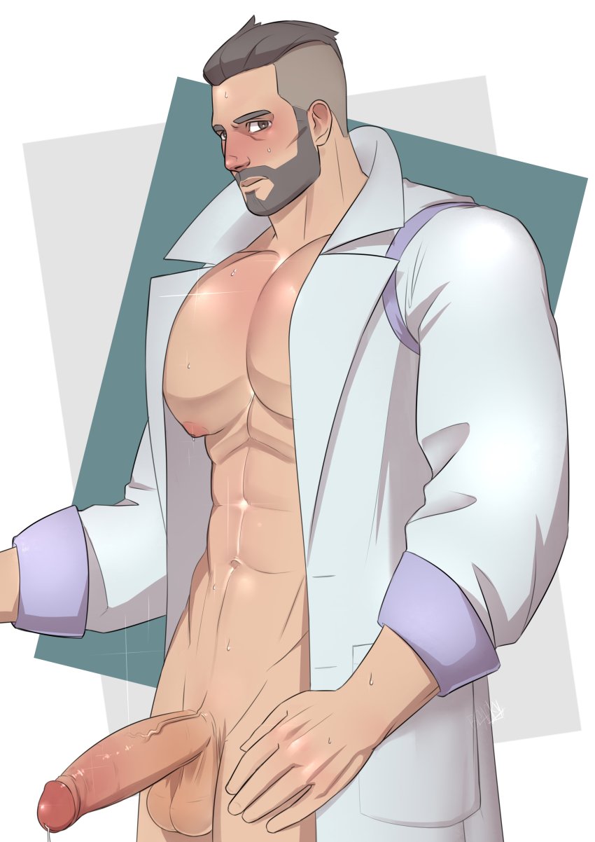 1boy abs absurdres bara bare_pectorals beard blush closed_mouth coat creatures_(company) erection facial_hair game_freak getonjbart highres lab_coat large_pectorals looking_at_viewer male_focus muscular muscular_male naked_lab_coat navel nintendo nipples nude open_clothes open_coat pectorals penis pokemon pokemon_sv short_hair simple_background solo turo_(pokemon) undercut