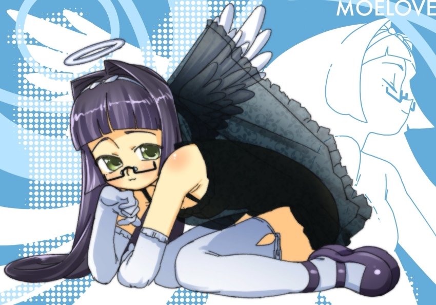 1girl :3 angel angel_wings bare_shoulders black_leotard blush breasts closed_eyes elbow_gloves full_body glasses gloves green_eyes hair_intakes halo highres leotard long_hair looking_at_viewer mary_janes moe_(phrase) multiple_views original purple_hair shoes sitting small_breasts smile thighhighs veloexotica wariza white_gloves white_thighhighs wings