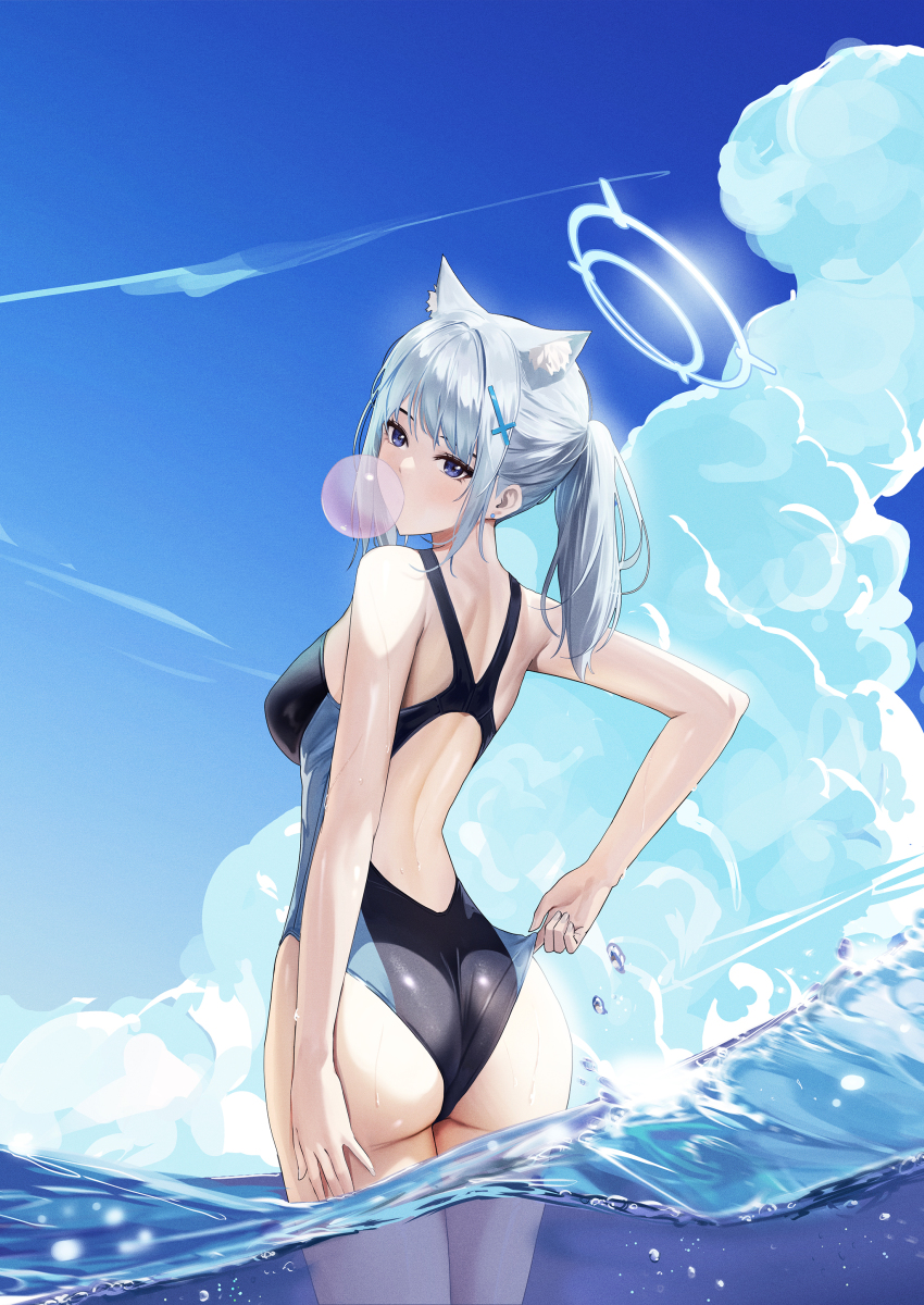 1girl absurdres adjusting_clothes adjusting_swimsuit animal_ear_fluff animal_ears ass aura bare_arms black_one-piece_swimsuit blue_archive blue_sky blowing_bubbles cat_ears chewing_gum cloud competition_swimsuit cowboy_shot cross_hair_ornament day fieryonion hair_ornament head_tilt highres long_hair looking_at_viewer looking_back one-piece_swimsuit outdoors ponytail shiroko_(blue_archive) shiroko_(swimsuit)_(blue_archive) shoulder_blades sidelocks sky solo swimsuit wading wedgie white_hair