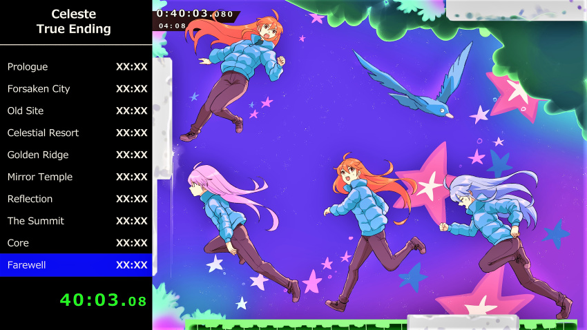 1girl ahoge bird blue_jacket celeste_(video_game) coat down_jacket english_text fuwamoko_momen_toufu highres jacket long_hair long_sleeves madeline_(celeste) multiple_persona orange_hair pants red_hair running shoes solo star_(sky) tree very_long_hair winter_clothes winter_coat