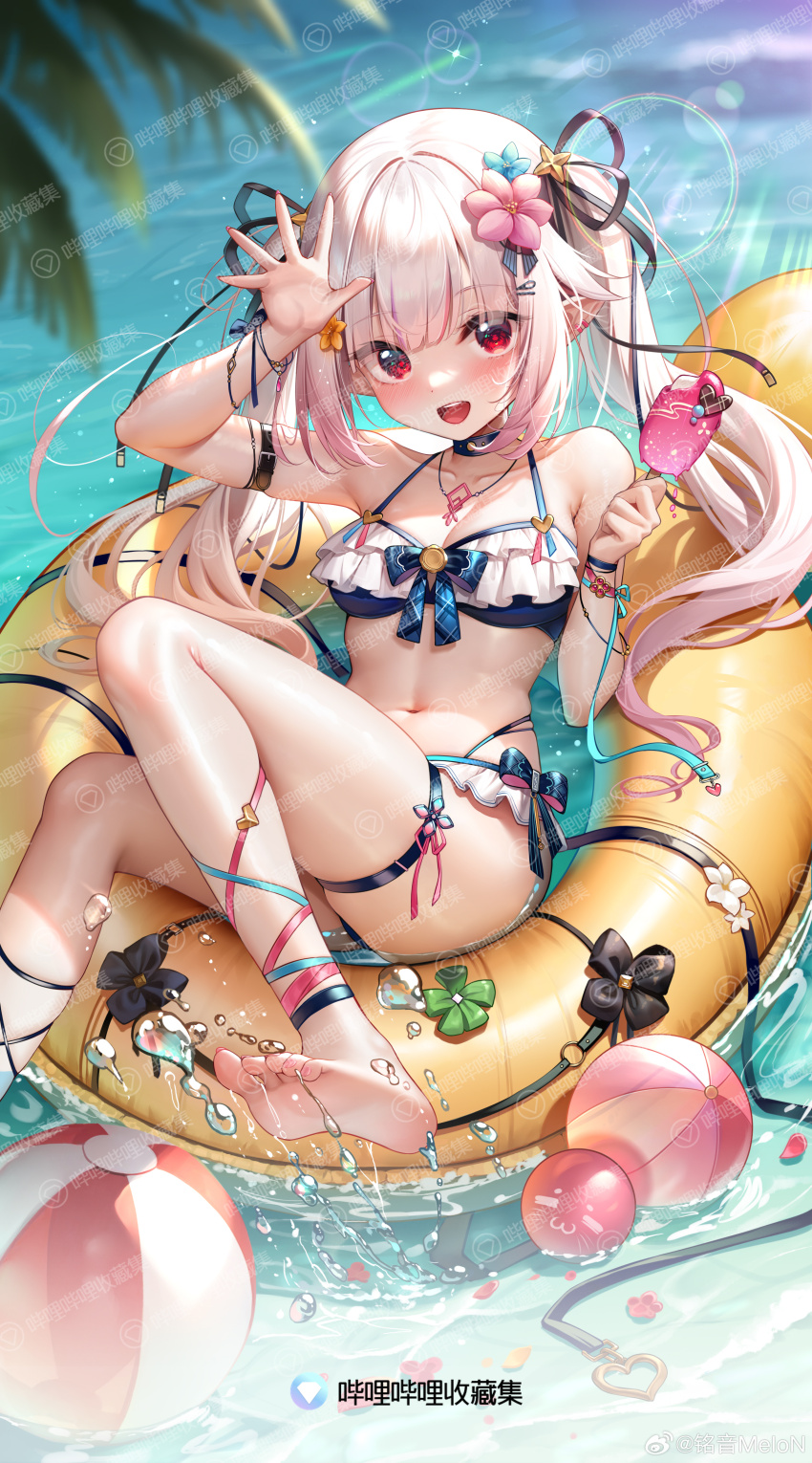 1girl absurdres arm_belt arm_up armpits bare_shoulders barefoot bikini black_choker breasts character_request choker collarbone feet flower food frilled_bikini frills hair_flower hair_ornament hair_ribbon highres holding holding_food holding_popsicle indie_virtual_youtuber innertube jewelry leg_up long_hair looking_at_viewer medium_breasts meion multicolored_hair navel necklace open_mouth pointy_ears popsicle red_eyes ribbon skindentation smile solo stomach streaked_hair string_bikini swim_ring swimsuit thigh_strap thighs toes twintails very_long_hair wet white_hair